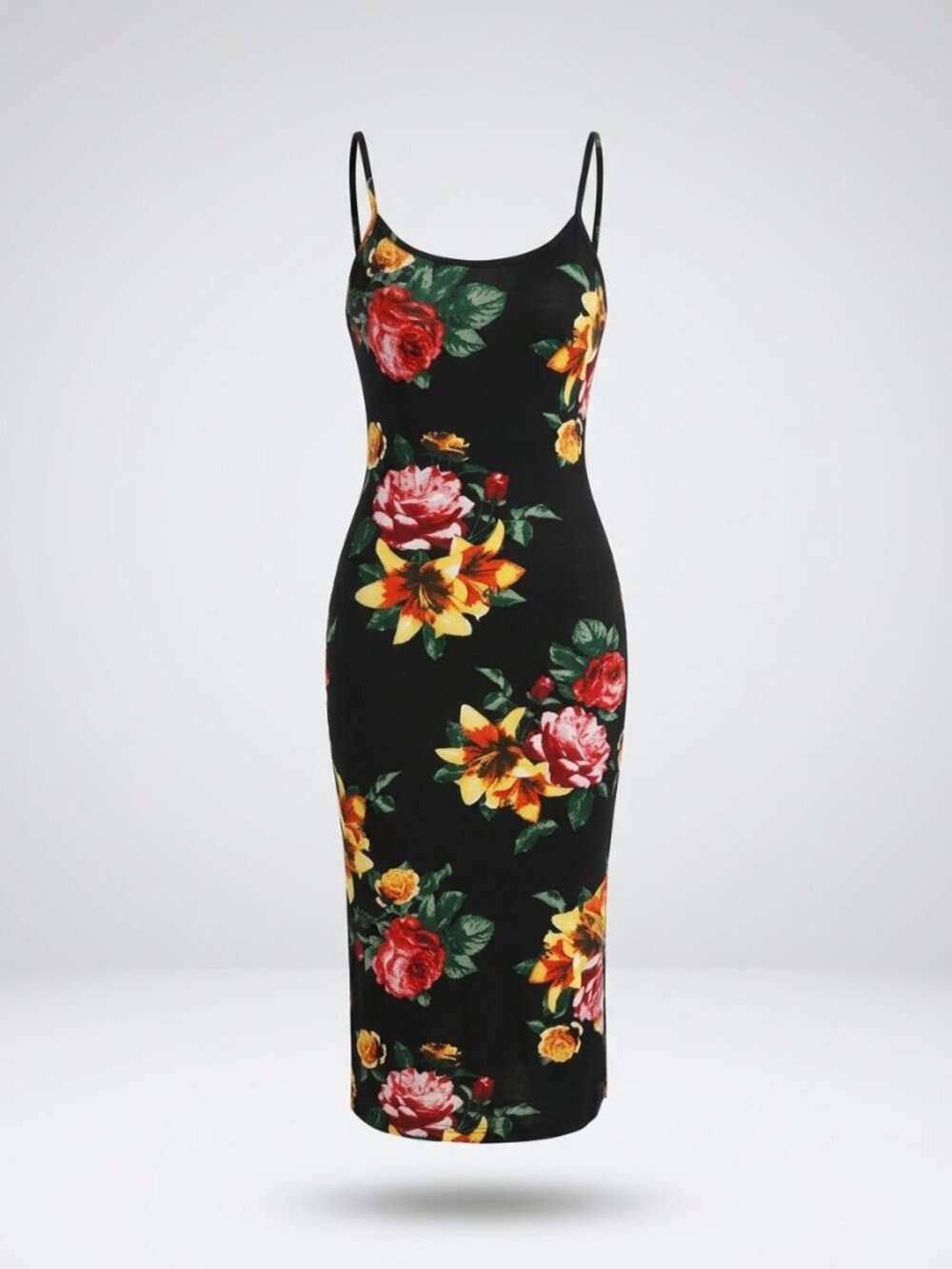 Black Floral Adjustable Straps Bodycon Dress, Heart Hips Size L